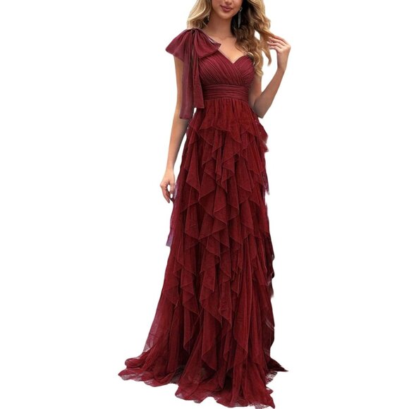 Dresses & Skirts - Women's Wine Red Tulle Prom Elegant Bow One Shoulder Slit Wedding Maxi Dress